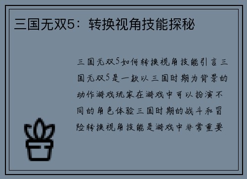 三国无双5：转换视角技能探秘